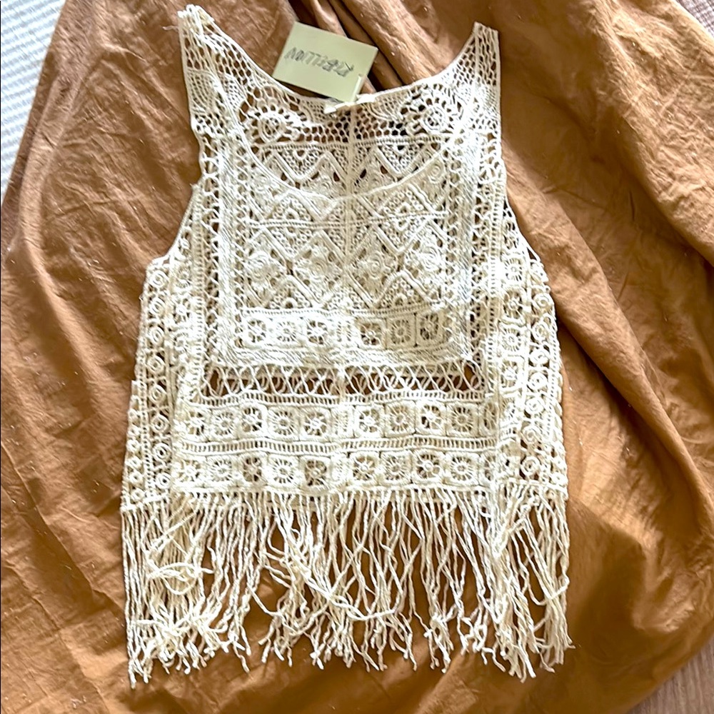 Crochet Fringe Tank Top - Cream